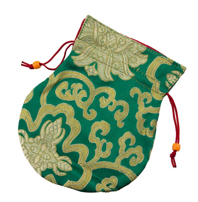 Pochette à Mala tibétaine verte – Écrin sacré en brocart artisanal népalais