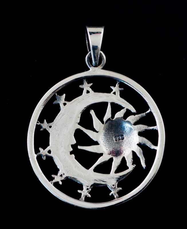 Pendentif lune soleil étoiles – bijou ethnique astral en argent massif 925
