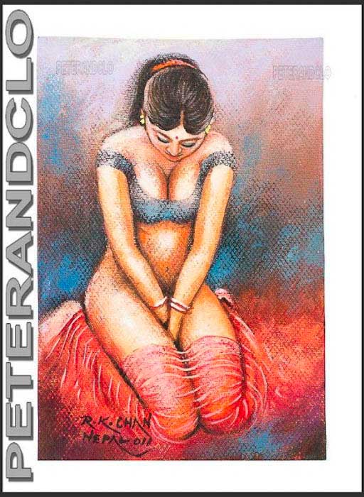 Peinture Érotique Femme Hindoue Népalaise – Œuvre Unique Signée R.K Chan