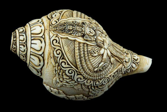 Conque Bouddhiste Tibétaine Avalokiteshvara Shanka – Coquillage Sculpté Artisanal du Népal