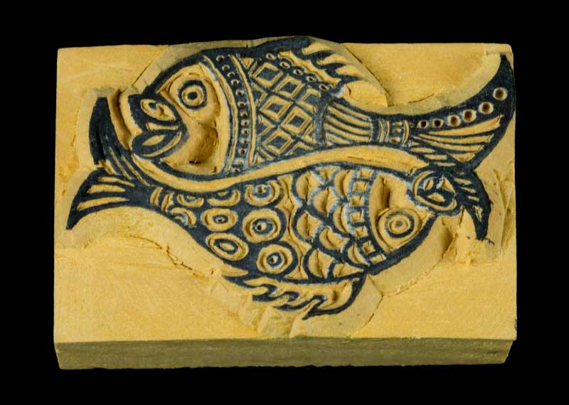 Tampon Encreur En Bois Sculpté Poissons D’Or Symbole Auspicieux Bouddhiste Tibétain