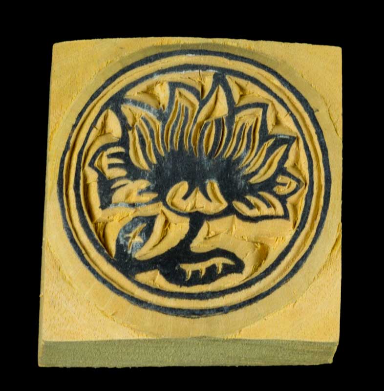 Tampon Encreur En Bois Sculpté Fleur De Lotus Bouddhiste Tibétain