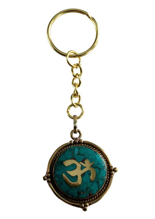 Porte-Clé Original Om Hindouiste en Cuivre et Résine Turquoise