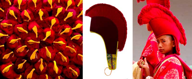Coiffe de moine tibétain Gelug bouddhiste rouge bordeaux – art de l’Himalaya