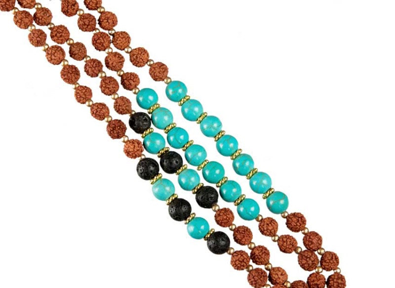 Sautoir Mala Tibétain En Rudraksha Avec Perles Turquoise Et Lave