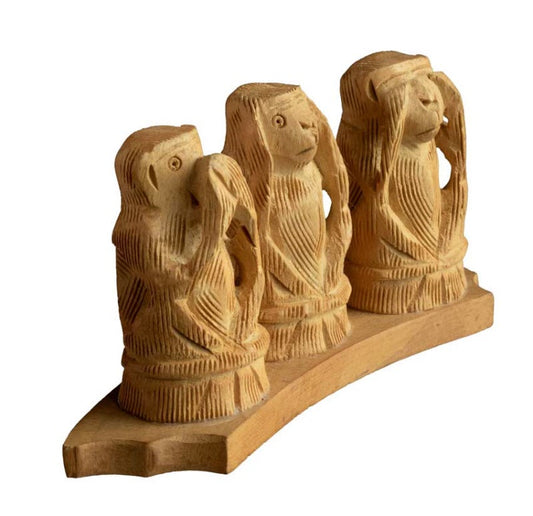 Statue 3 Singes De La Sagesse En Bois Sculpté – Artisanat Indien