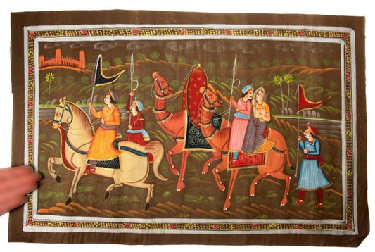 Peinture Rajput Miniature Indienne – Maharaja et Maharani à Dos de Chameau