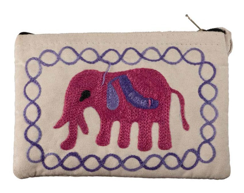Petit Porte-Monnaie Brodé Éléphant Rose sur Fond Crème