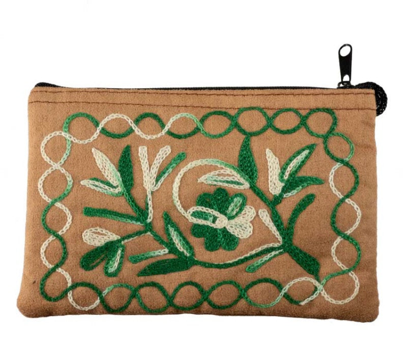 Porte-Monnaie Brodé Fleurs Vertes sur Fond Marron – Artisanat Népalais