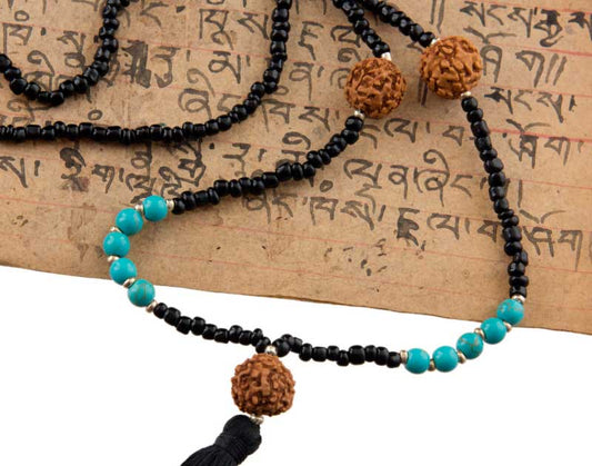 Sautoir Mala Tibétain En Rudraksha Et Perles Turquoise