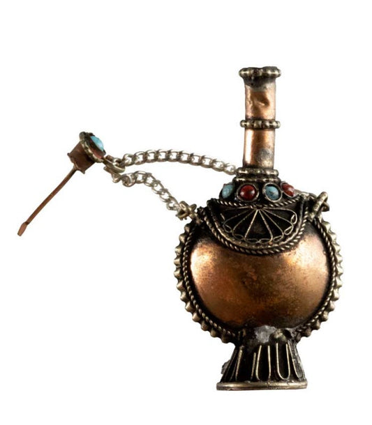 Fiole Tibétaine Authentique du Népal en Cuivre et Métal Argenté – Objet de Curiosité Vintage