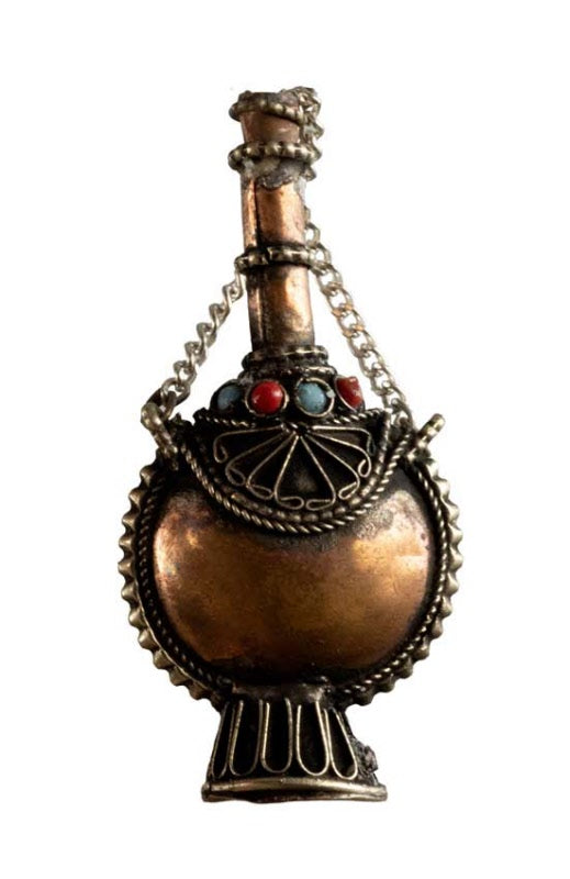 Fiole Tibétaine Authentique du Népal en Cuivre et Métal Argenté – Objet de Curiosité Vintage