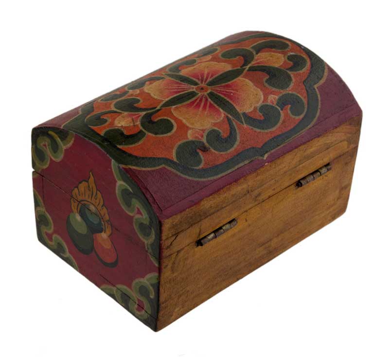 Coffret tibétain en bois peint – Lotus et Joyaux d’offrande de l’Himalaya