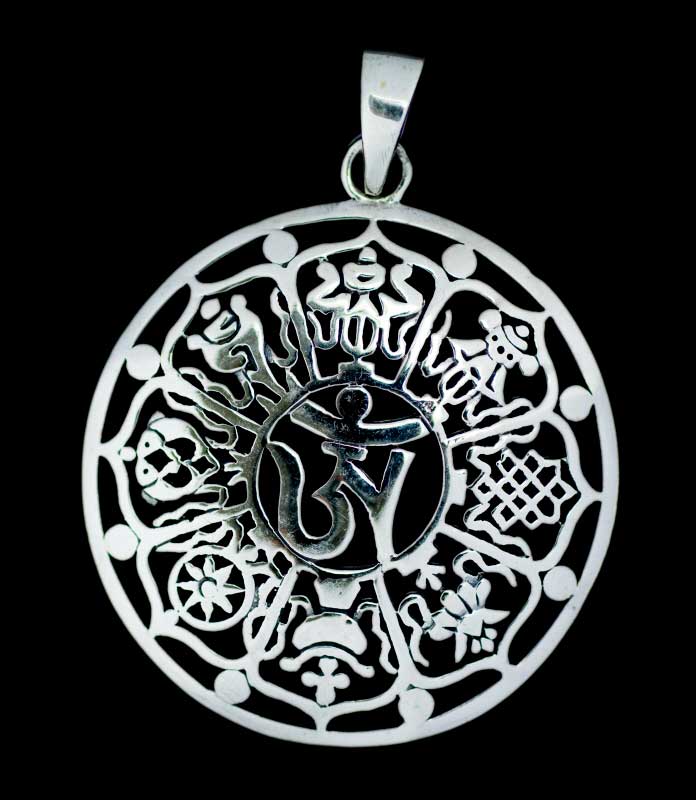 Pendentif Bouddhiste Astamangala et Om Tibétain en Argent 925