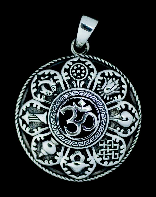 Pendentif Bouddhiste Astamangala et Om en Argent 925