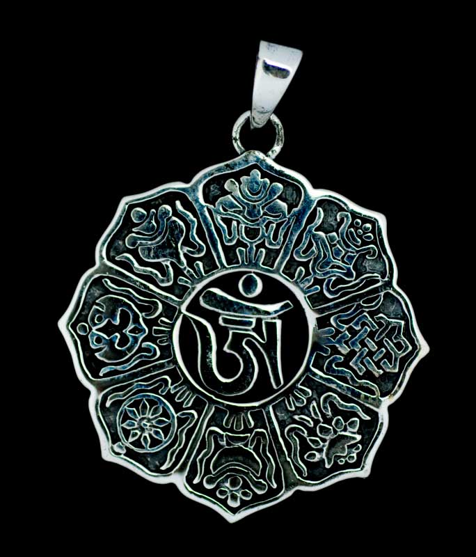 Pendentif Bouddhiste Astamangala et Om Tibétain en Argent 925