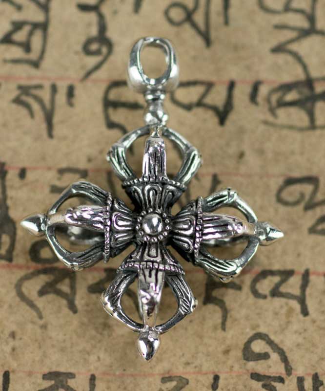 Pendentif Double Vajra Dorje Symbole Bouddhiste en Argent Massif 925