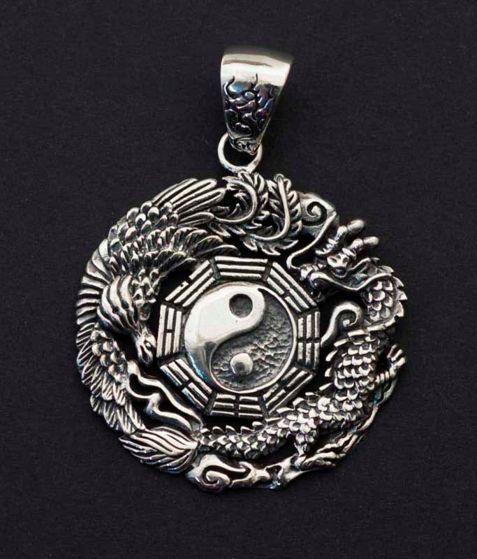 Pendentif Yin Yang Bagua Dragon Phénix en argent massif 925 – Symbole Feng Shui d'harmonie et de prospérité