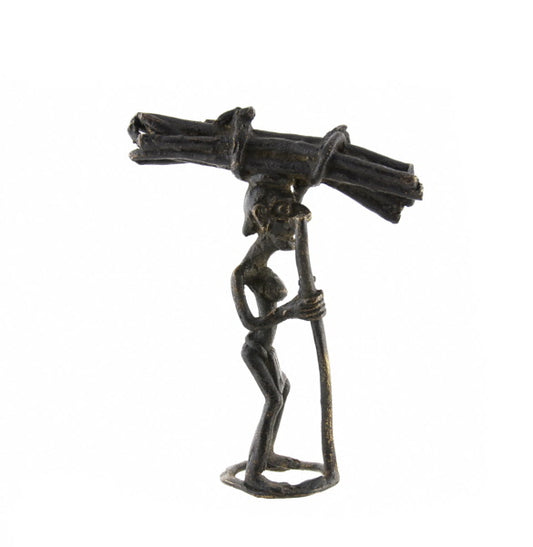 Figurine Bronze Bamoun – Paysan Porteur D’un Fagot – Artisanat Traditionnel Du Cameroun