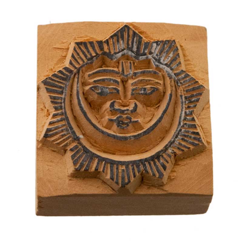 Tampon Encreur En Bois Sculpté Lune Et Soleil Symboles Spirituels