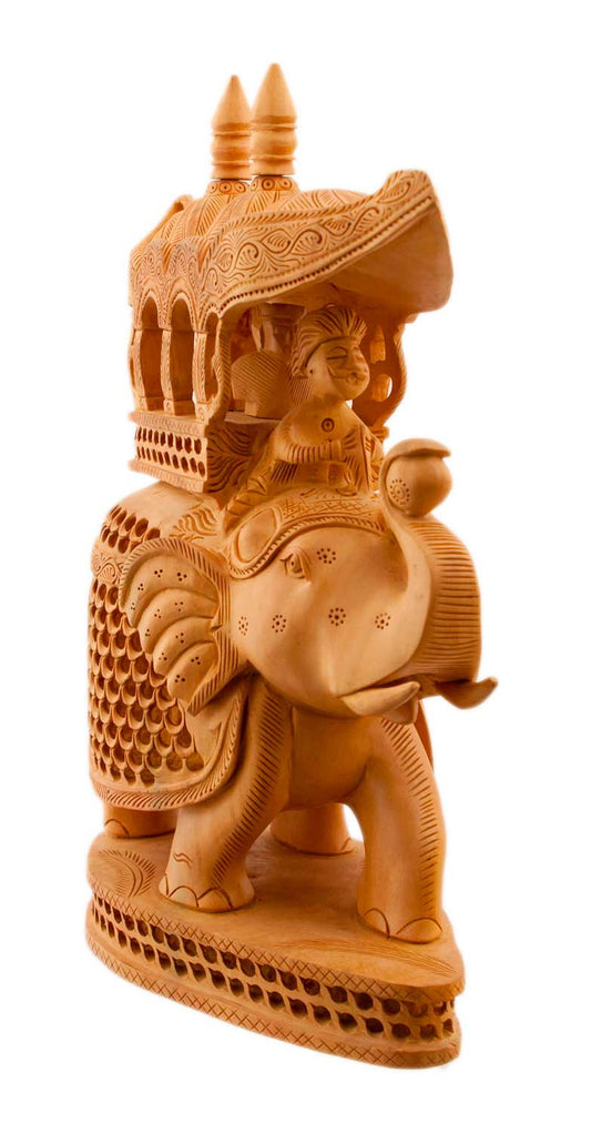 Éléphant En Dentelle De Bois De Kadam Avec Maharaja Et Petit Éléphant – Artisanat Indien