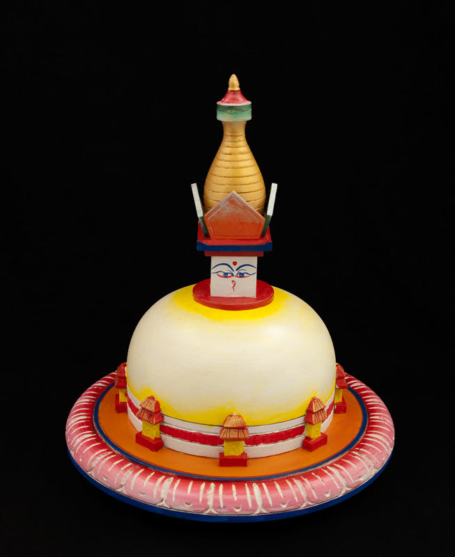 Chorten Stupa Tibétain En Bois Peint – Yeux De Bouddha – Artisanat Du Népal