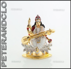 AMULETTE STATUETTE  DEESSE SARASWATI  METAL ET STRASS HINDOU  C7  8399
