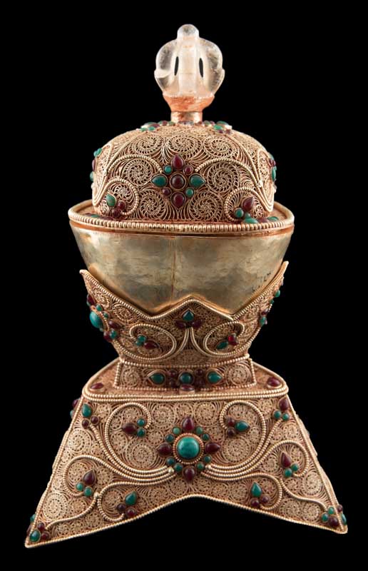 Grand Kapala Crâne Tibétain avec Support – Cuivre et Cristal de Roche, Artisanat Népalais