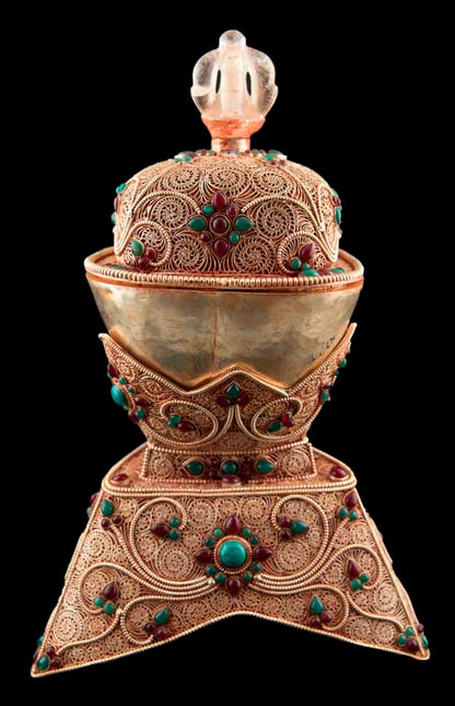 Grand Kapala Crâne Tibétain avec Support – Cuivre et Cristal de Roche, Artisanat Népalais