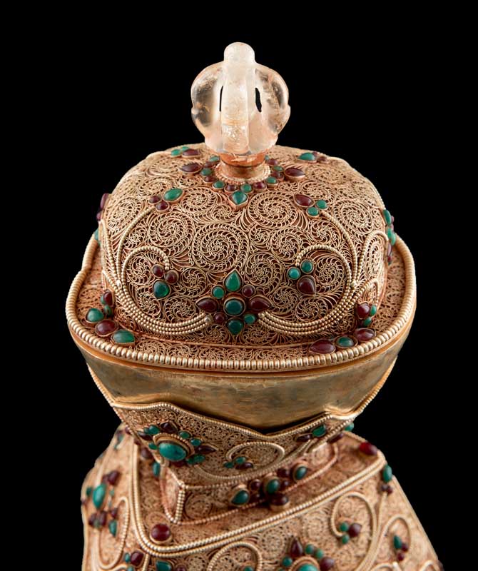 Grand Kapala Crâne Tibétain avec Support – Cuivre et Cristal de Roche, Artisanat Népalais