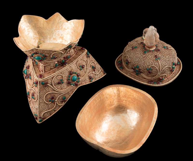 Grand Kapala Crâne Tibétain avec Support – Cuivre et Cristal de Roche, Artisanat Népalais