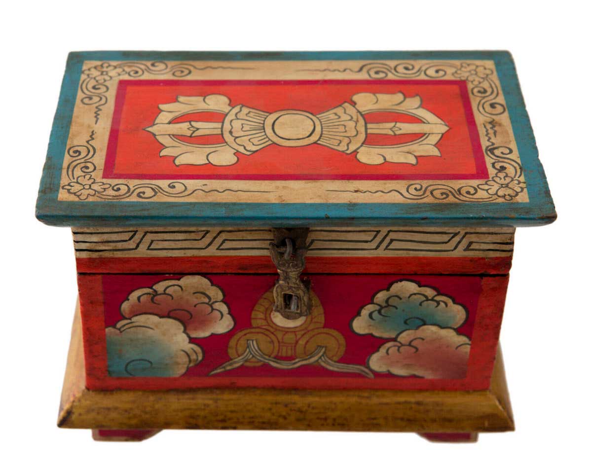 Boîte à bijoux en bois artisanale du Népal 20 cm – coffret bouddhiste décor Vajra et lotus