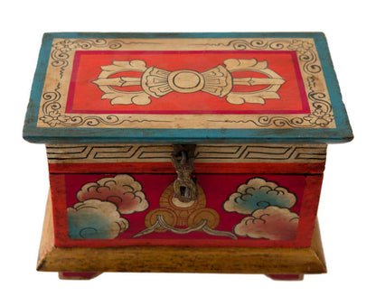 Boîte à bijoux en bois artisanale du Népal 20 cm – coffret bouddhiste décor Vajra et lotus