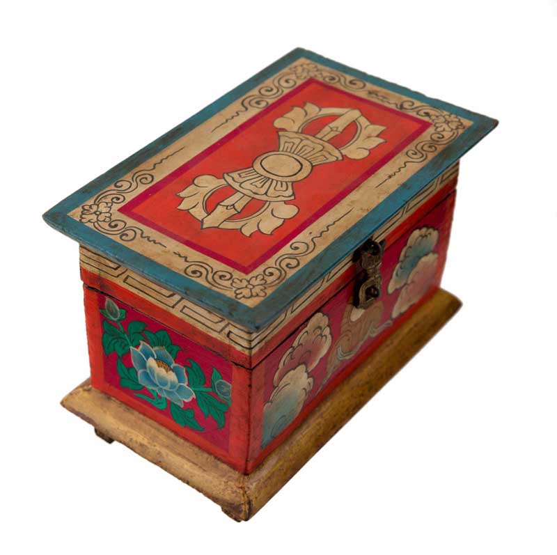 Boîte à bijoux en bois artisanale du Népal 20 cm – coffret bouddhiste décor Vajra et lotus