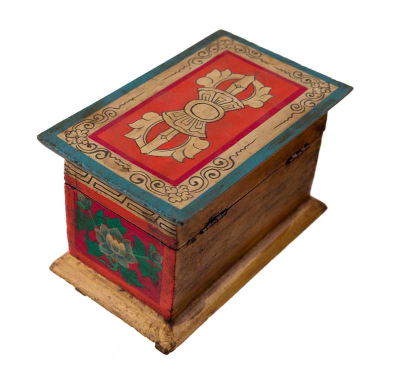 Boîte à bijoux en bois artisanale du Népal 20 cm – coffret bouddhiste décor Vajra et lotus