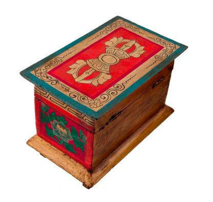 Boîte à bijoux en bois artisanale du Népal 20 cm – coffret bouddhiste décor Vajra et lotus