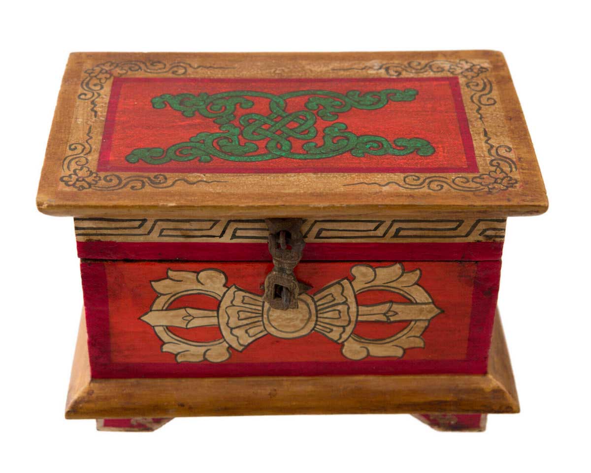 Coffret bouddhiste tibétain en bois peint – artisanat traditionnel du Népal