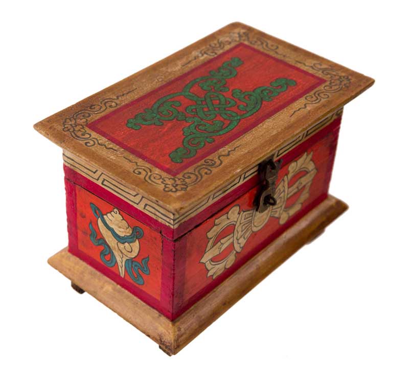 Coffret bouddhiste tibétain en bois peint – artisanat traditionnel du Népal