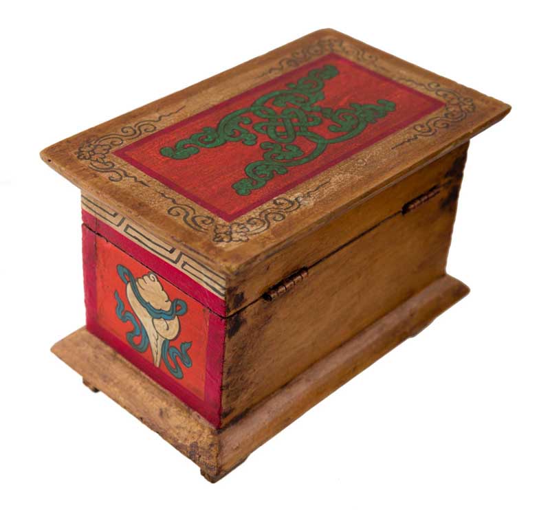 Coffret bouddhiste tibétain en bois peint – artisanat traditionnel du Népal