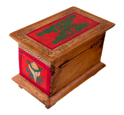 Coffret bouddhiste tibétain en bois peint – artisanat traditionnel du Népal