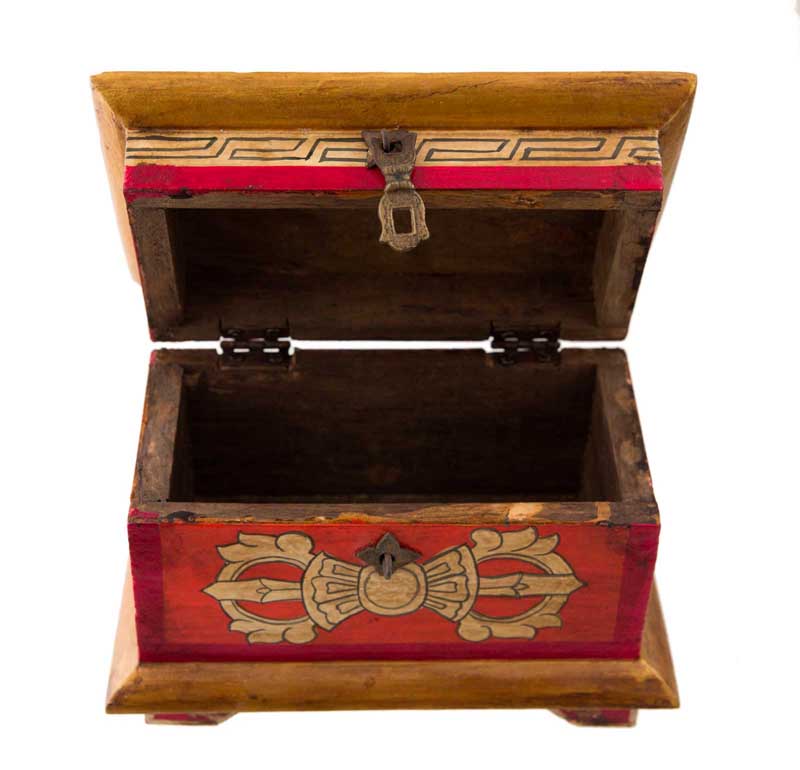 Coffret bouddhiste tibétain en bois peint – artisanat traditionnel du Népal