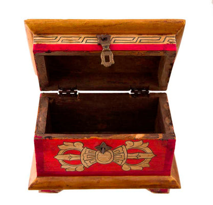 Coffret bouddhiste tibétain en bois peint – artisanat traditionnel du Népal