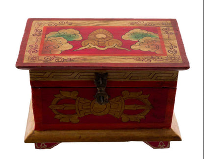 Boîte à bijoux en bois artisanale du Népal – coffret bouddhiste décor Vajra, conque et lotus