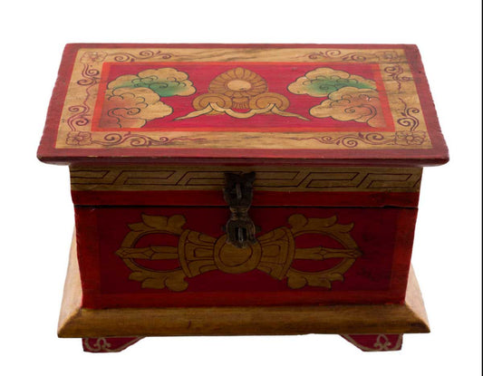 Boîte à bijoux en bois artisanale du Népal – coffret bouddhiste décor Vajra, conque et lotus