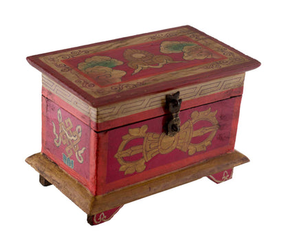 Boîte à bijoux en bois artisanale du Népal – coffret bouddhiste décor Vajra, conque et lotus