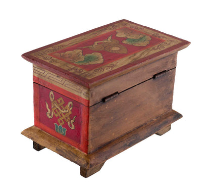 Boîte à bijoux en bois artisanale du Népal – coffret bouddhiste décor Vajra, conque et lotus