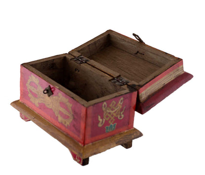 Boîte à bijoux en bois artisanale du Népal – coffret bouddhiste décor Vajra, conque et lotus