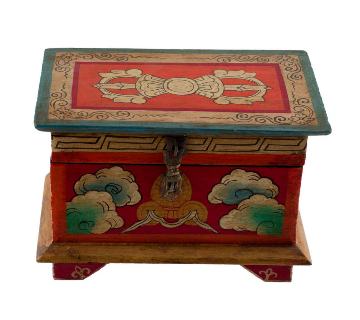 Boîte à bijoux en bois artisanale du Népal – coffret bouddhiste tibétain Vajra, conque et lotus
