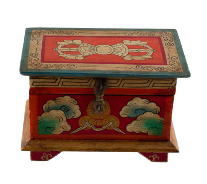Boîte à bijoux en bois artisanale du Népal – coffret bouddhiste tibétain Vajra, conque et lotus