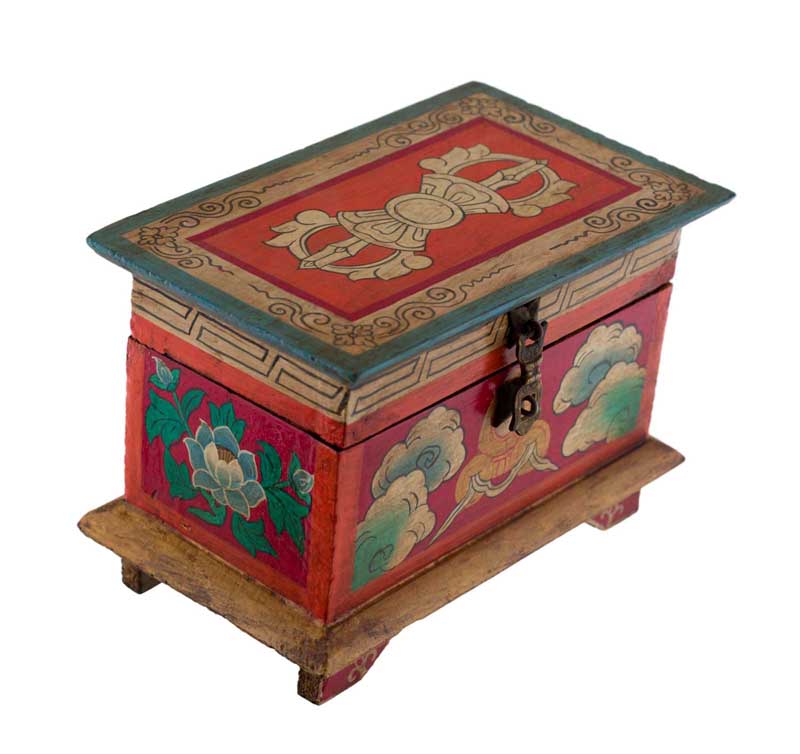 Boîte à bijoux en bois artisanale du Népal – coffret bouddhiste tibétain Vajra, conque et lotus